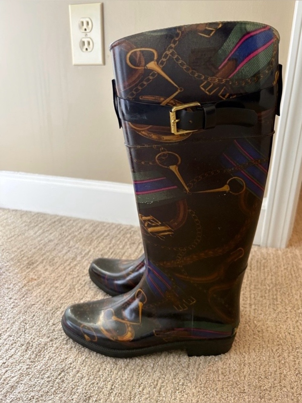 Lauren Ralph Lauren Rossalyn Equestrian Patterned Rain Boots with Gold Buckle